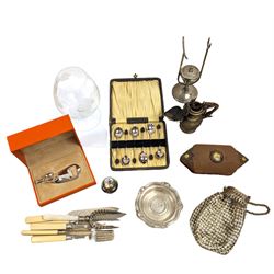Saint Hilaire duck bottle opener, five silver plated knives/forks with silver ferrules, silver plated concertina beaded bag and other collectables