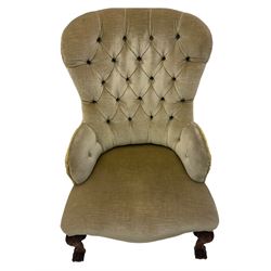Victorian style mahogany and beech bedroom chair, upholstered in buttoned fabric, on acanthus carved supports with ball and claw feet