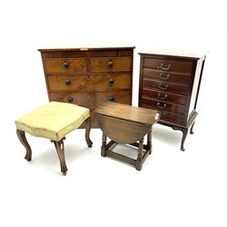Victorian chest fitted with two short and three long drawers, early 20th century mahogany chest, small oak drop leaf table and an early 20th century walnut cabriole stool, pair carved lion mask corbels and three Regency style dining chairs (9)