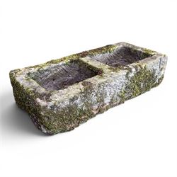 19th century weathered hewn stone double trough rectangular form with two divisions