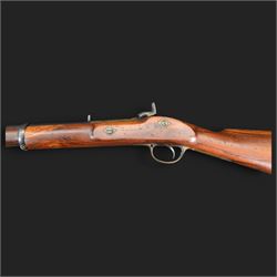 Enfield .577 action rifle, the 91.5cm rifled barrel with three barrel bands and ramrod under, full walnut stock, action marked 'Enfield' with Victoria cypher, overall L131cm