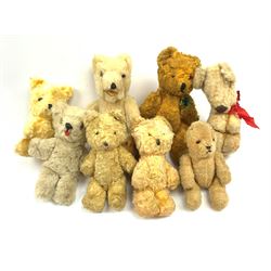 Eight 1950s European small teddy bears including a German one with open mouth, largest H9