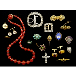 Collection of Victorian and later jewellery including two Victorian silver and paste shoe buckles, cross pendant, silver turquoise and marcasite brooch, agate bead necklace with 9ct gold clasp, gold pin and gold stone set brooch etc