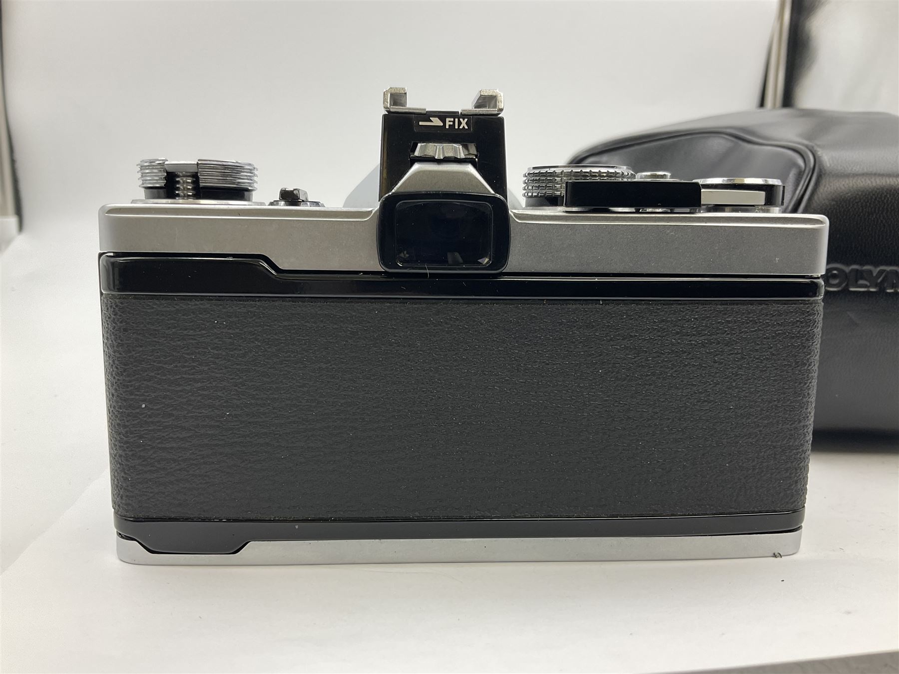 Olympus M-1 camera body, serial no. 110865, circa 1972, with ' Olympus M-System F.Zuiko Auto-S 1:1.8 f=50mm' lens, serial no. 105152, in leather case 