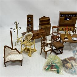 1:12 scale dolls house hallway and dining room furniture, including hat stand, mannequin, dressers and cabinets with ceramic ornaments, rocking chair, dining table, side board, dresser, drinks trolley, sewing machine, dining accessories and food, etc