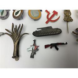 Two Edwardian hallmarked silver presentation fobs for military bugling competitions; and quantity of cap/glengarry and other badges, sweetheart brooches etc