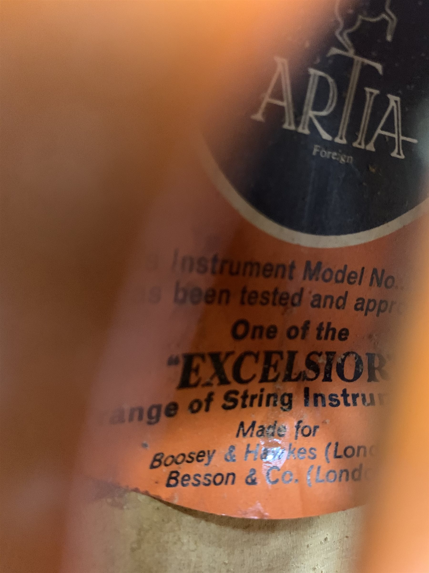 Artia Excelsior for Boosey & Hawkes violin for completion with 35.5cm two-piece maple back and ribs and spruce top, bears label, lacking tailpiece, chinrest, bridge and one tuning peg, 59cm overall, in hard carrying case with bow