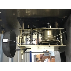 Early 19th century inlaid and cross banded mahogany London style longcase clock, brass arched dial, Roman and Arabic numerals, second and month subsidiary, lattice spandrel, eight day movement, automatic night time silent and strike mode, H242cm (two weights and pendulum)