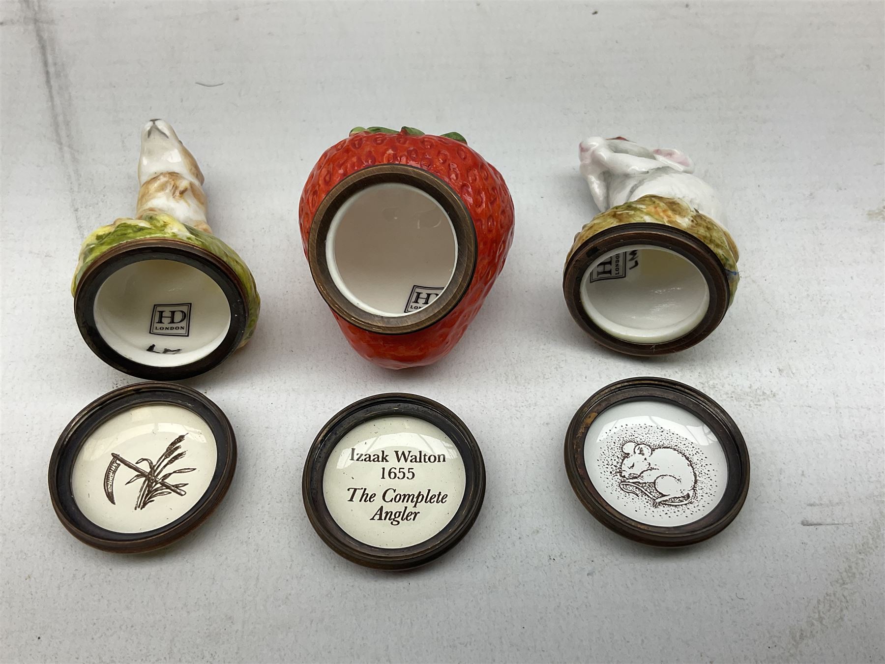 Two Halcyon Days enamel bonbonnieres modelled as mice, I am a magical mouse, and ''Consider the little mouse, how sagacious an animal it is...' Roman Playwright', together with three Halcyon Days enamel boxes, modelled as a bee upon a flower, a ladybird upon a leaf, and a strawberry, each in fitted box, (5)