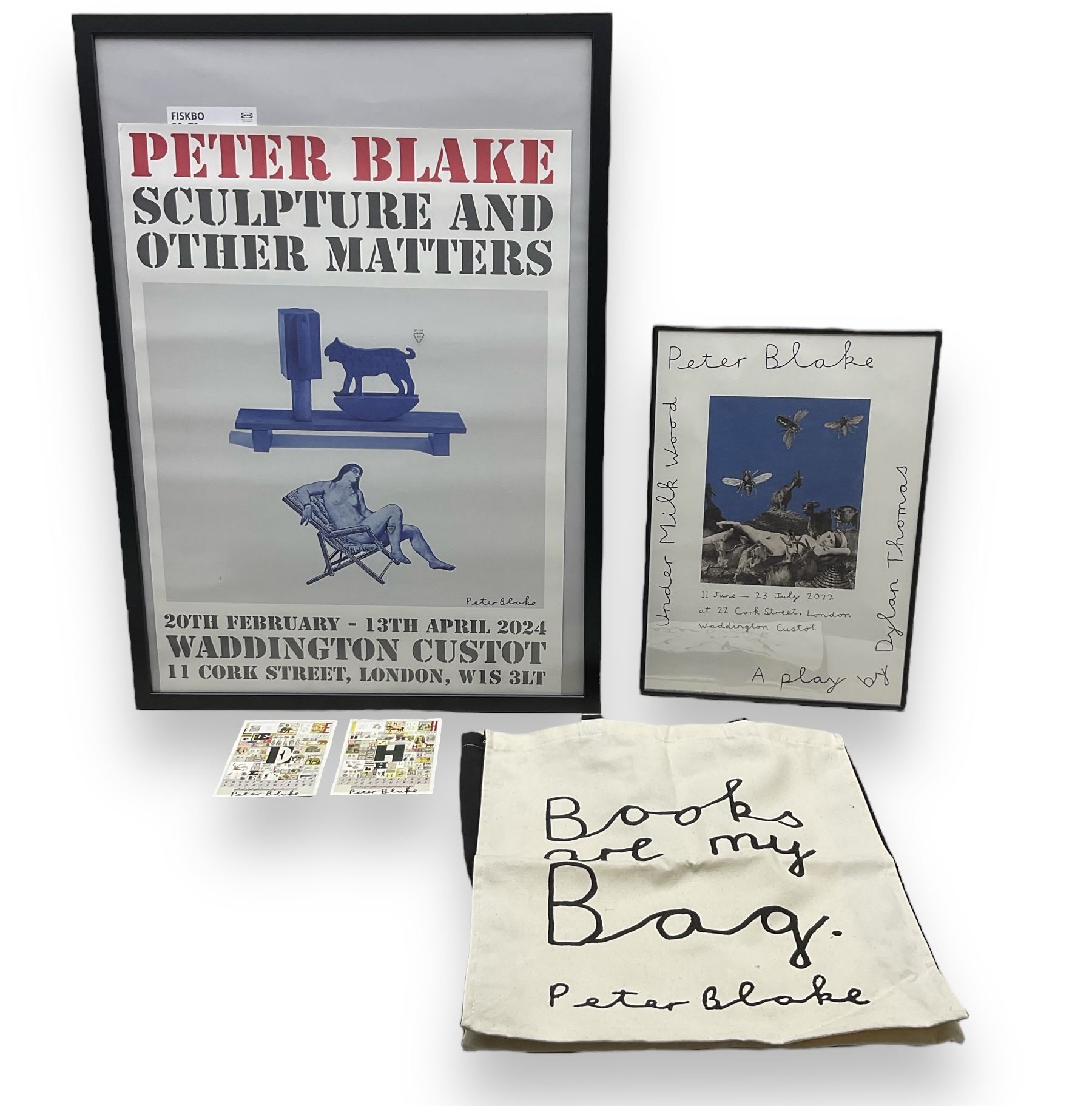 Peter Blake (British 1932-): 'H' and 'E' Postcards from 'An Alphabet' series, signed; together with two posters 'Peter Blake - Sculpture and Other Matters' and 'Under Milk Wood', and a 'Books are my Bag' tote bag (5)