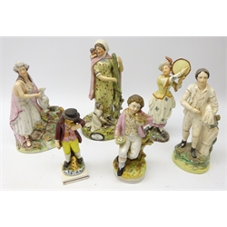  Early Staffordshire Pearlware group 'Widow & Orphans', another of a man playing a musical instrument with a cat at his feet, lady playing the Tambourine, Rebecca at the Well and two others (6) Provenance: From a Private Yorkshire Collector  