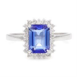 18ct white gold tanzanite and diamond cluster ring, single octagonal cut tanzanite of appr...