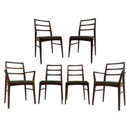 Richard Hornby for Fyne Ladye - set of six (4+2) mid-20th century dining chairs, ladder back over green faux leather upholstered drop-in seat, on tapering supports