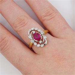 18ct gold and platinum Burmese ruby and diamond ring by Scarab London, single rectangular cushion cut unheated ruby of 1.13 carat, with a single French cut diamond set either side and round brilliant cut diamond surround, in a scrolling foliate design setting, with Alan Poultney Gems report, the ruby with The Gem & Pearl Laboratory report