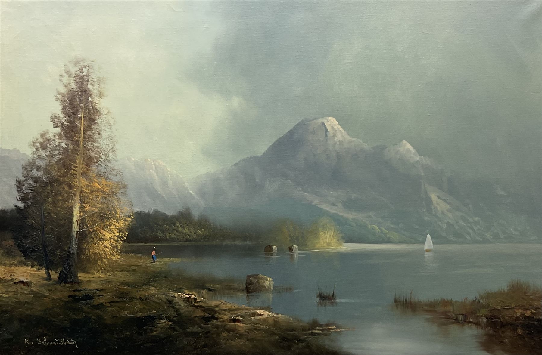 Karl Schmidbauer (Austrian 1921-1998): Mountainous Lake Landscape with Angler, oil on canvas signed 60cm x 90cm