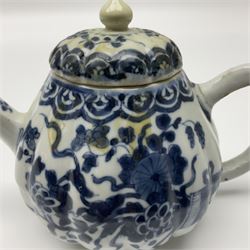 18th century Chinese blue and white teapot, painted with floral sprays, with lobed body and cover, H11cm
