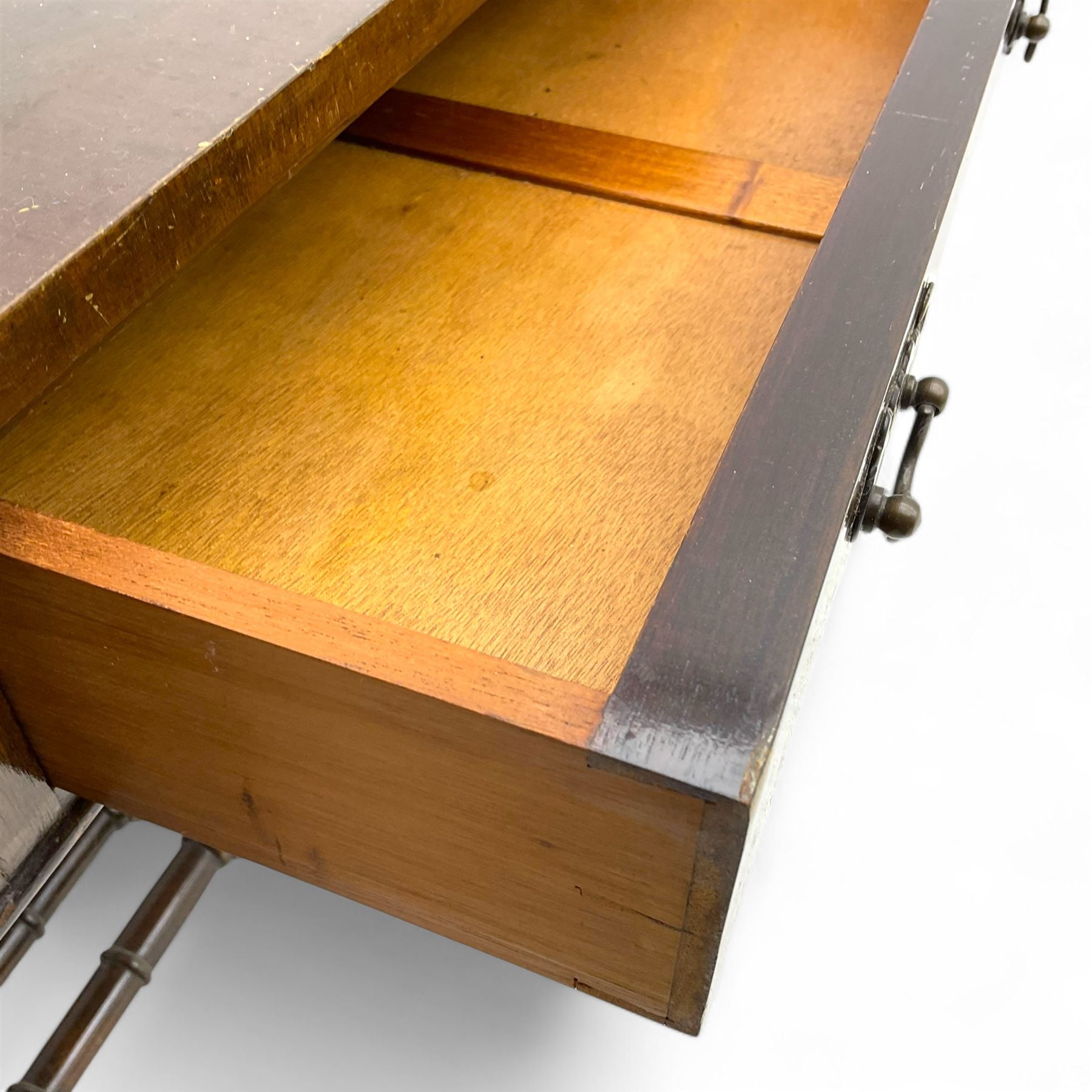 Small Victorian drop-leaf occasional table, rectangular top with drop sides and single frieze drawer, on turned supports and scrolled feet joined by twin stretchers