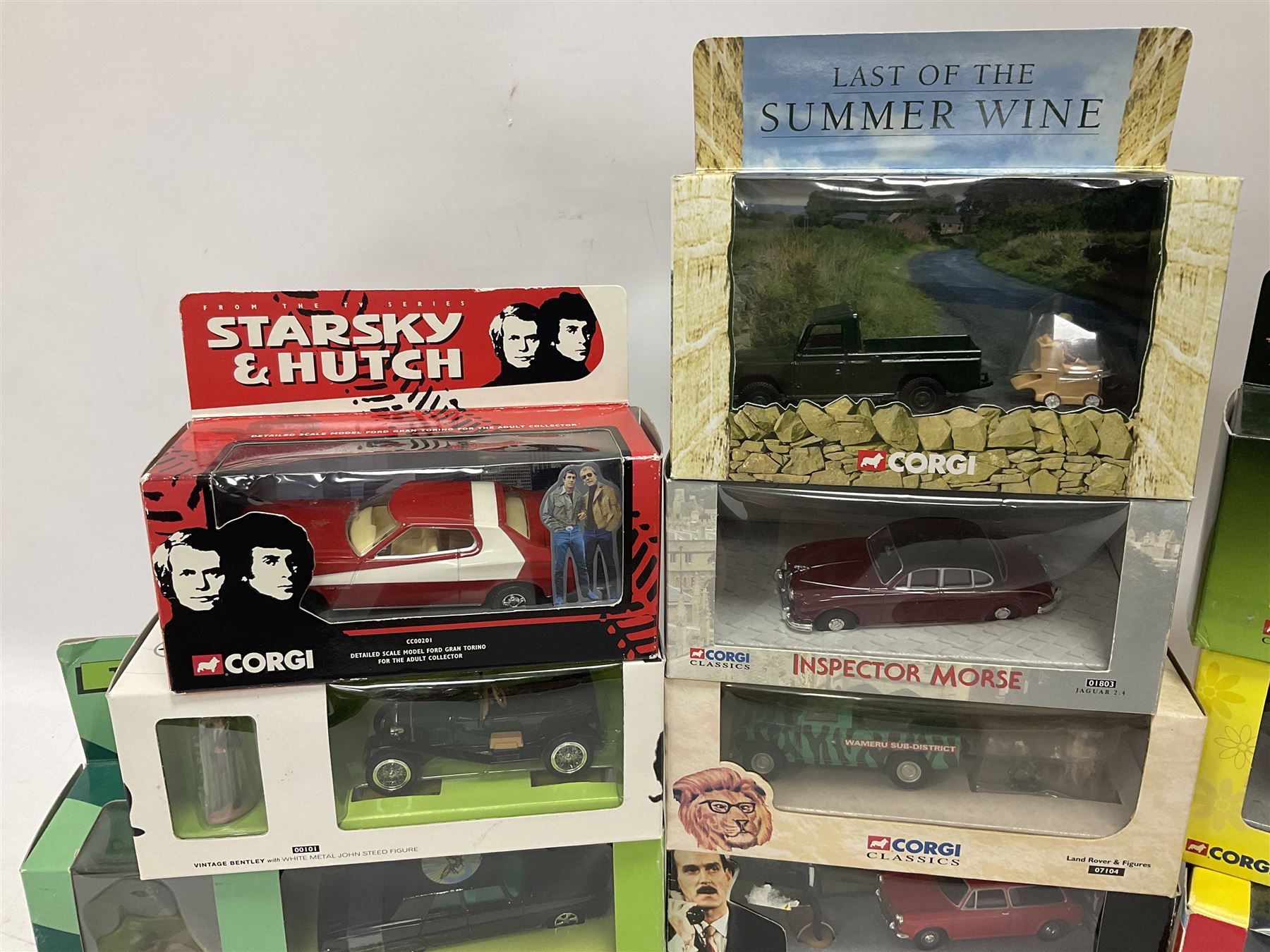 Corgi - seventeen TV/Film related die-cast models including Last of the Summer Wine, Charlie's Angels, Starsky & Hutch, Inspector Morse, Lovejoy, Mr. Bean, Chitty Chitty Bang Bang, Monkees, Fawlty Towers, Green Hornet, Summer Holiday, National Lampoon Vacation etc; all boxed (17)