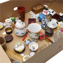 Collection of enamel trinket boxes, silver salt, whistles etc, in one box 