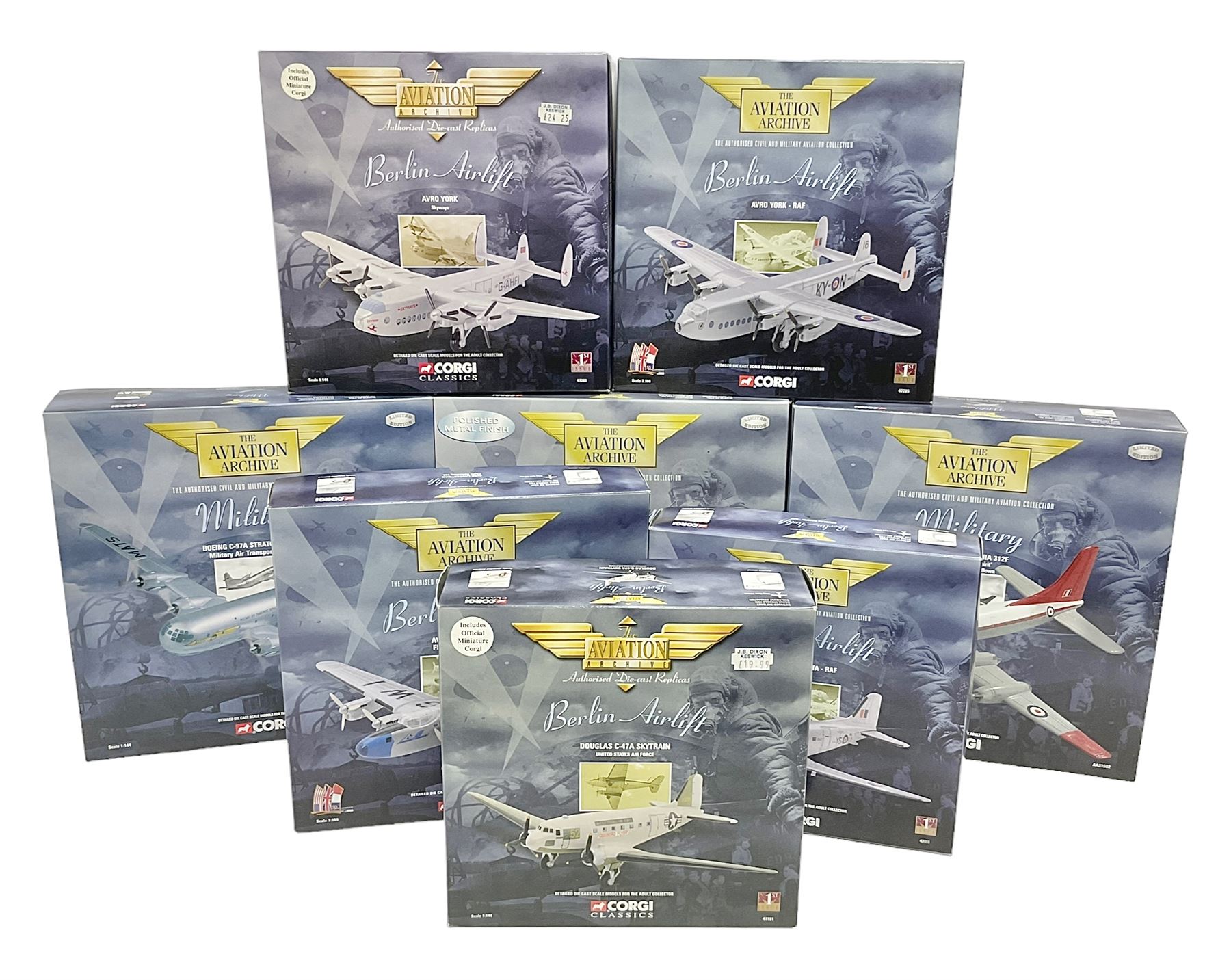 Corgi - Aviation Archive, eight models comprising three ‘Military’ and five ‘Berlin Airlift’ 1:144 scale models, to include limited editions AA31502 Bristol Britannia 312F ‘XX-367’ ‘Team Spirit’ A&AEE Boscombe Down no.686/2500; 48104 Boeing C-97A Stratofreighter Military Air Transport Services no.2815/4000; 47205 Avro York - RAF; 47403 Avro Lancastrian; all boxed (8)