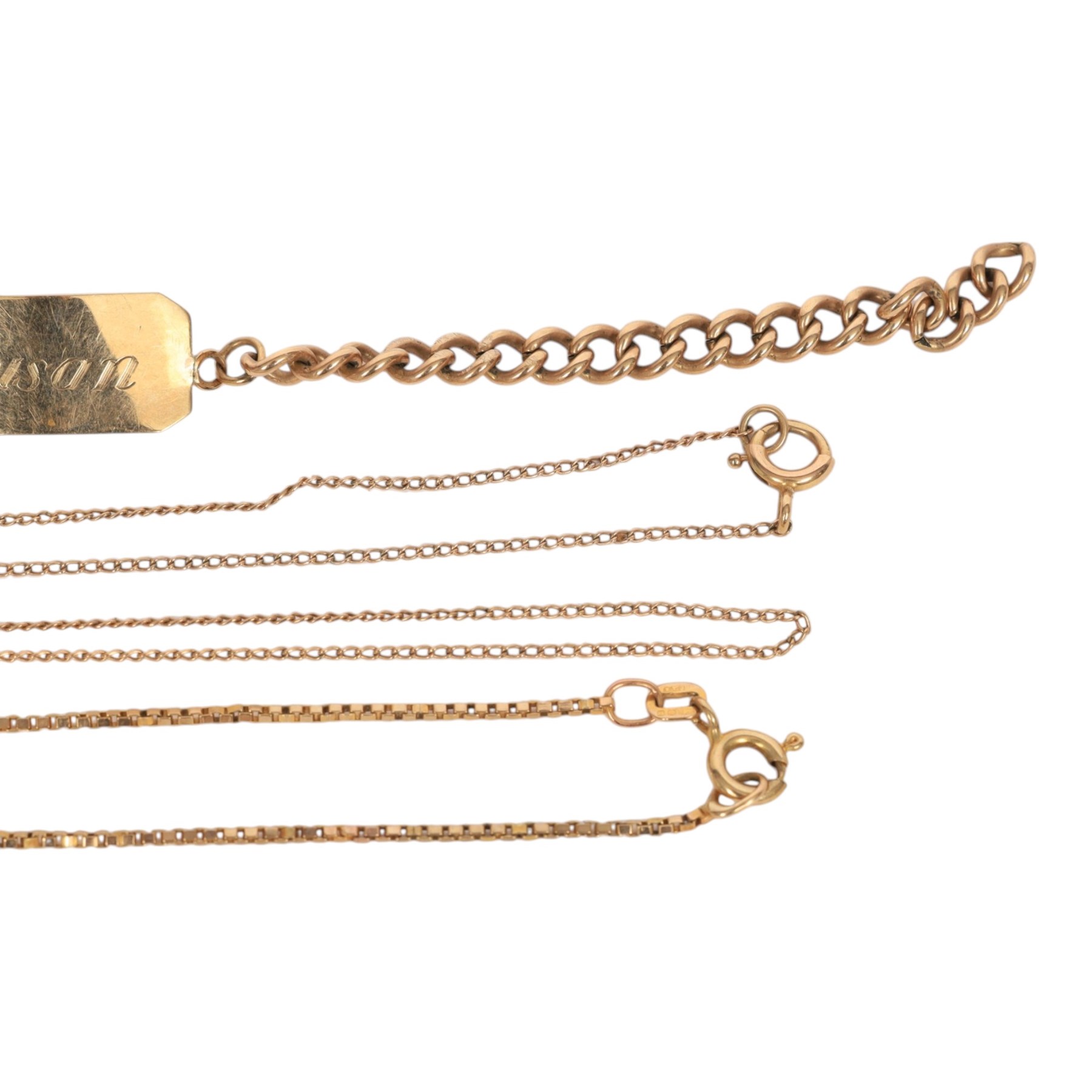 9ct gold jewellery, comprising ID bracelet, box link bracelet, single stud earring and a 10ct gold chain