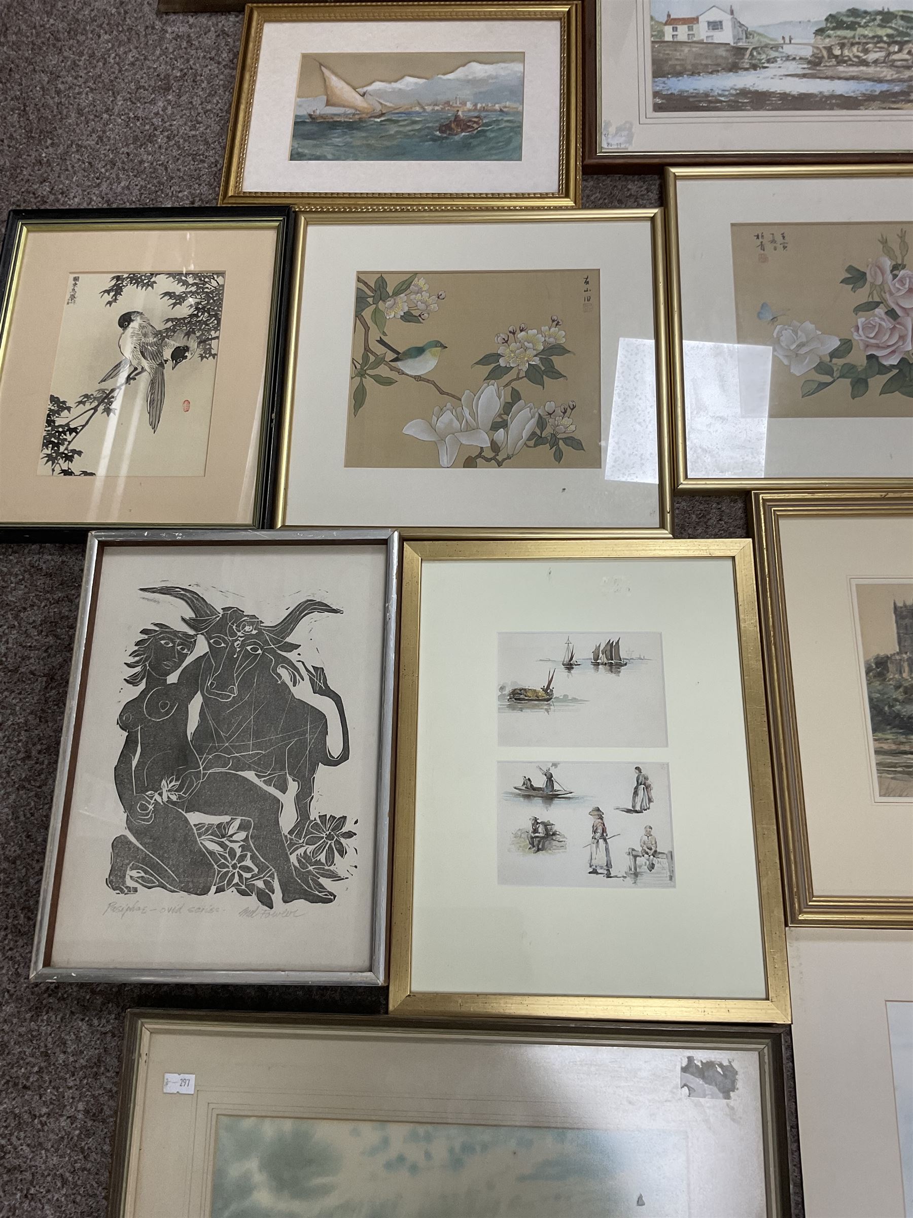 Collection of watercolours and other pictures, artists including FW Ridley (pair), AD Bell (pair unframed), James Orrock, Mel Fowler, Gianni, Michael Major (of Scalby Mills near Scarborough), still life oil in gilt frame, Whistler print, Japanese paintings on silk, etc