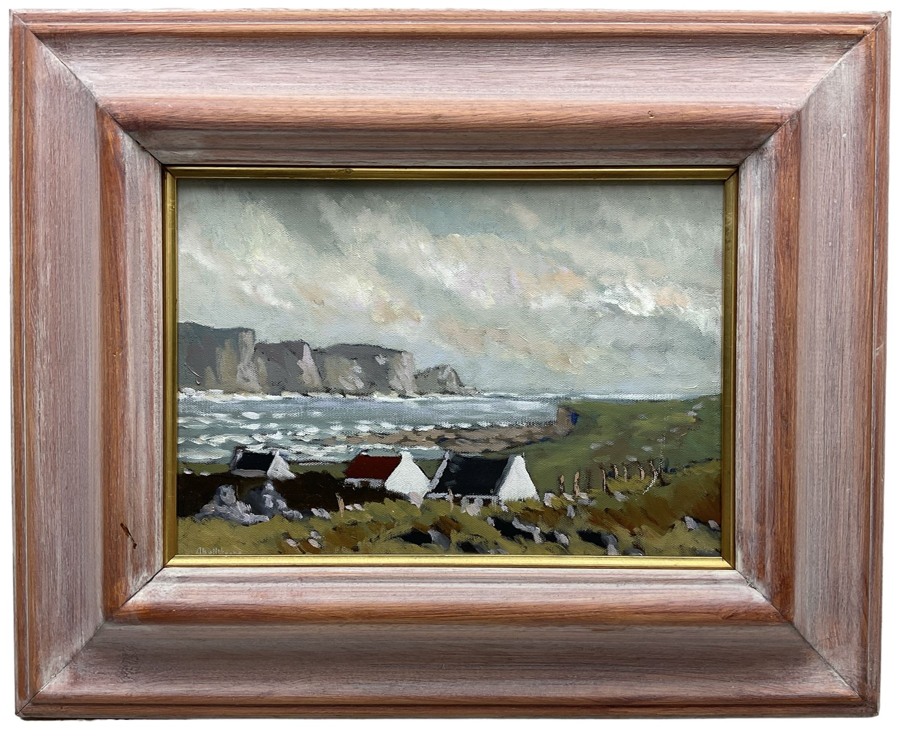 Alex McKenna (Irish 1943-): 'Cottages before Dooagh Head Achill Island', oil on canvas signed, titled verso 23cm x 32cm