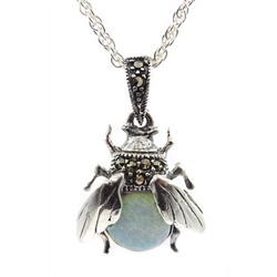  Silver opal and marcastie bug pendant necklace, stamped 925  