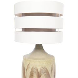 David White pottery lamp, of baluster form with elongated neck, with a brown spiral pattern on a cream ground, without shade H52cm