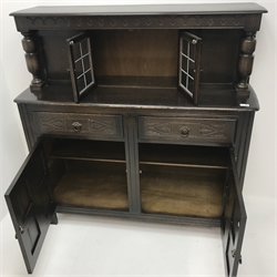 Priory oak court cupboard sideboard, raised back with two lead display doors above two drawers and two cupboards, stile supports, W123cm, H126cm, D45cm