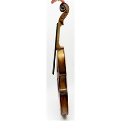 Late 19th century German violin for completion with 36cm one-piece maple back and ribs and spruce top, bears label Copie De Albani Palermo 1633, 59cm overall together with three books on violin construction, restoration and varnishing  