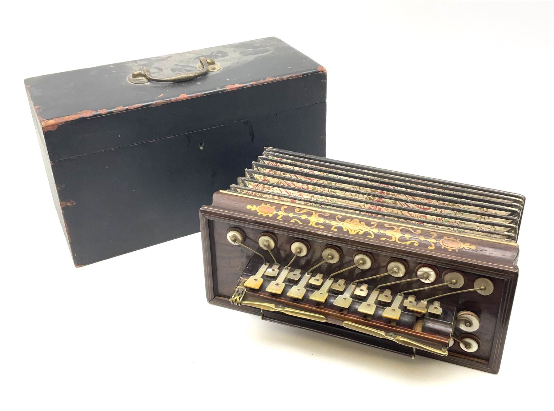 19th century Busson Paris rosewood and marquetry cased flutina accordion with eighteen mother-of-pearl keys L30cm, in original ebonised pine box