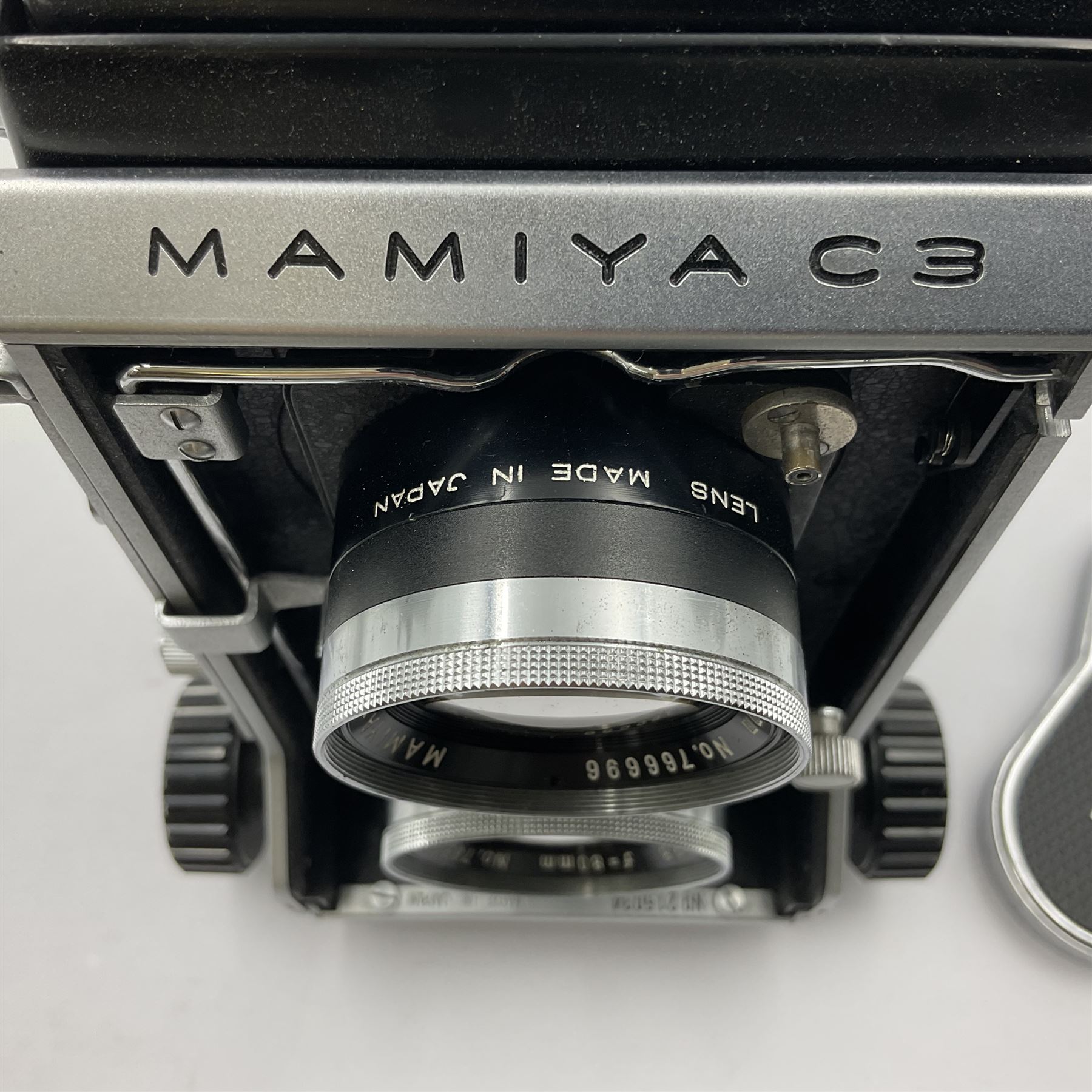Mamiyaflex C3 TLR camera body, serial no. 215034, with 'Mamiya Sekor 1:2.8 f80mm' lens serial no. 765932