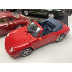 Three Maisto Special Edition 1:18 scale die-cast models - Porsche 550A Spyder, Jaguar 'S' Type and Ferrari 550 Maranello; all boxed; five other unboxed Maisto/Bburago 1:18 scale models; and two Classic Collection lead crystal models of Classic Cars (10)