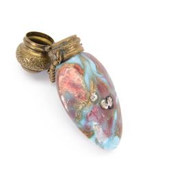 19th century Venetian glass scent bottle in the manner of Franchini-Bigaglia, of compressed ovoid form, set with seven portrait murrine canes over a mottled pale blue and pink ground with aventurine inclusions, with hinged gilt metal clasp, H7.5cm
