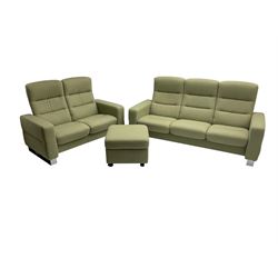 Ekornes Stressless - three seat reclining sofa upholstered in pale green fabric (198cm x 82cm x 100cm), Ekornes Stressless - matching two seat reclining sofa (144cm x 82cm x 100cm), Ekornes Stressless - storage ottoman with hinged seat upholstered in pale green fabric (60cm x 60cm x 42cm)