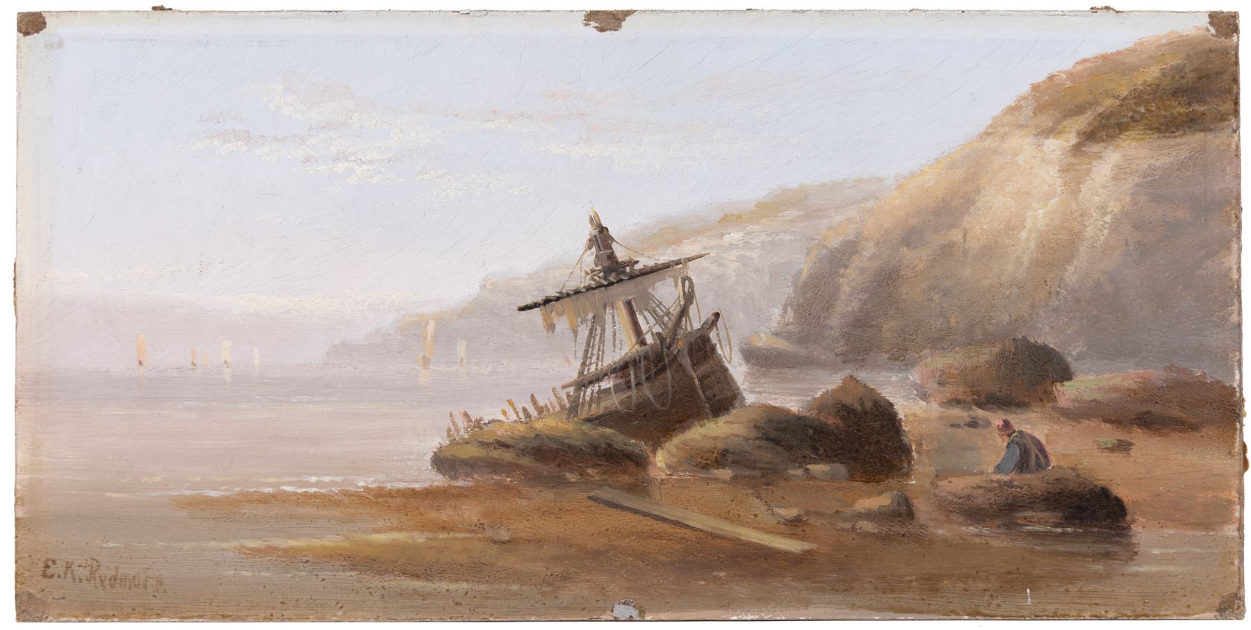 Edward King Redmore (British 1860-1941): Two Boat Scenes with Headlands, two oils on board, together with two further scenes of boats, max 17cm x 18.5cm (4) (one unframed)