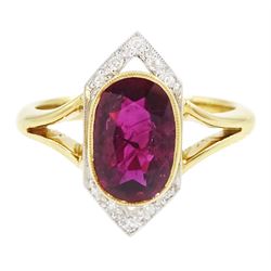 18ct and platinum ruby and diamond ring, single oval cut ruby of approx 2.26 carat, with o...