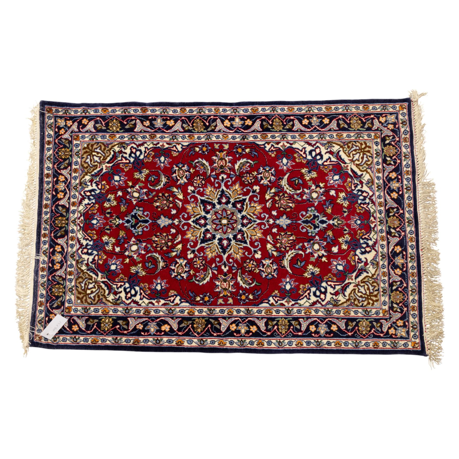 Two Central Persian rugs, ivory ground with a symmetrical foliate and floral design around a shaped cartouche medallion with a red floral and bird motif border with contrasting guard stripes, 142x76cm, Central Persian Kashan rug, crimson central field with a floral and foliate design with a stylized rosette medallion incorporating palmettes and scrolling vine work, enclosed by a dark navy border and multiple guard stripes, 117x68cm, (2)