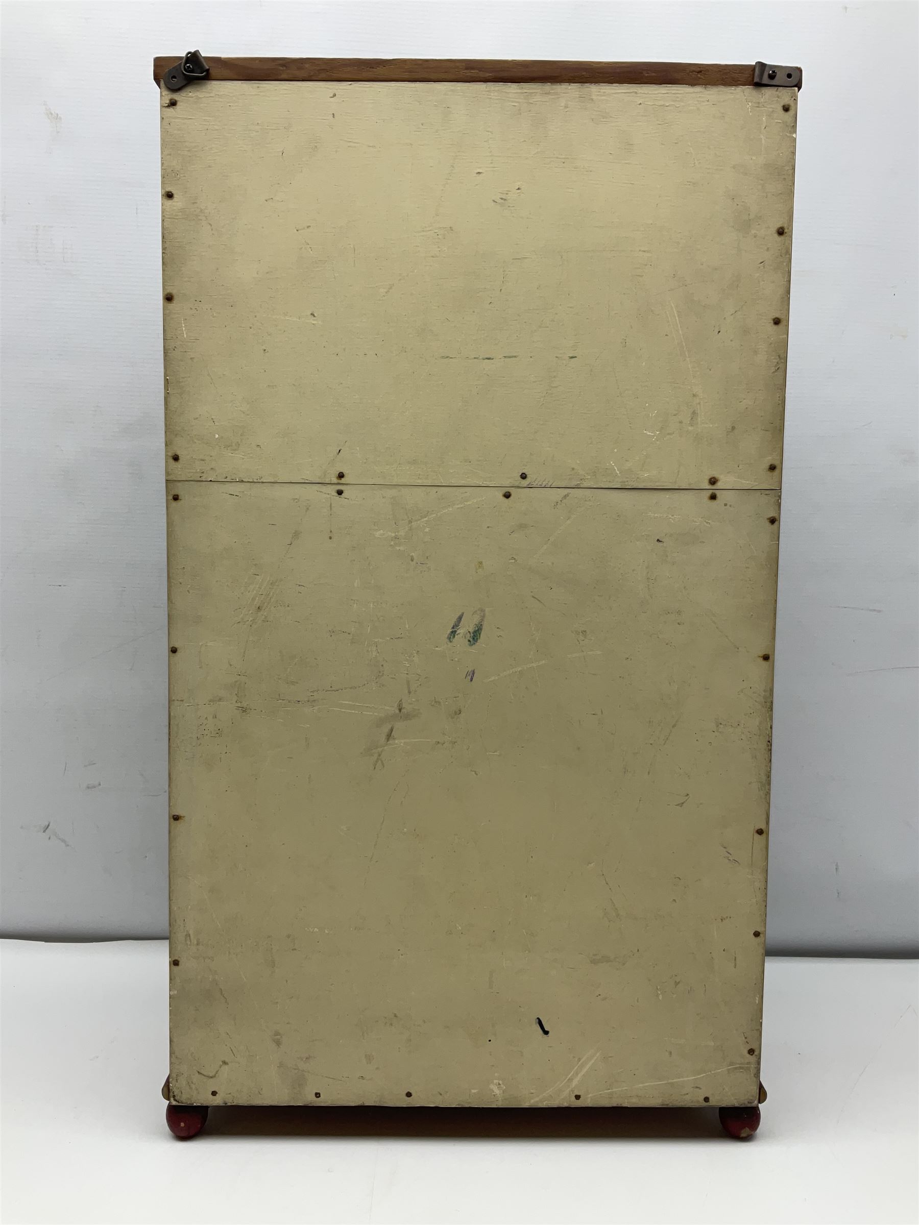 Miniature pitch pine Welsh dresser with open plate rack over two cupboard doors, displayed with Ridgways Humphrey's Clock pattern and other doll's blue/white tea ware, copper kettles and pan etc W41cm H72cm