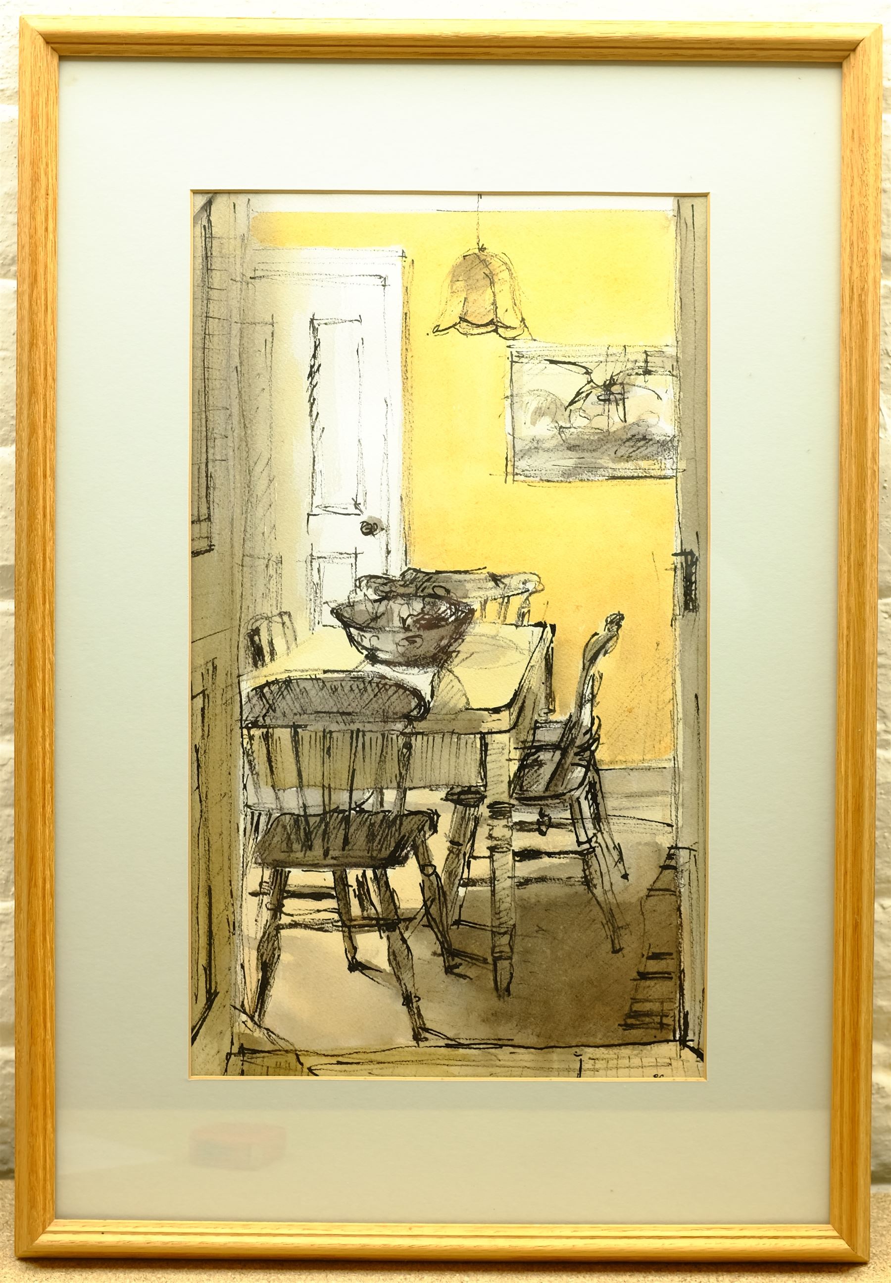 Barry E Carter (Northern British 20th century): 'Interior', watercolour and ink signed with initials, titled on artist's Humberside address label verso 47cm x 27cm