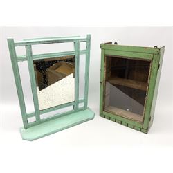 A light blue painted mirror with lower shelf, overall H51cm, together with a small green painted glass fronted wall cabinet, with single shelf to the interior, H46cm. (2).
