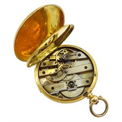 Gold open face ladies key wound cylinder pocket watch gilt dial with Roman numerals, engine turned and engraved back case with cartouche, stamped 18K