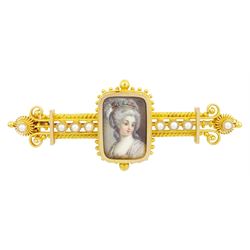 Victorian gold Etruscan revival portrait brooch, the bead and wirework brooch set with a c...