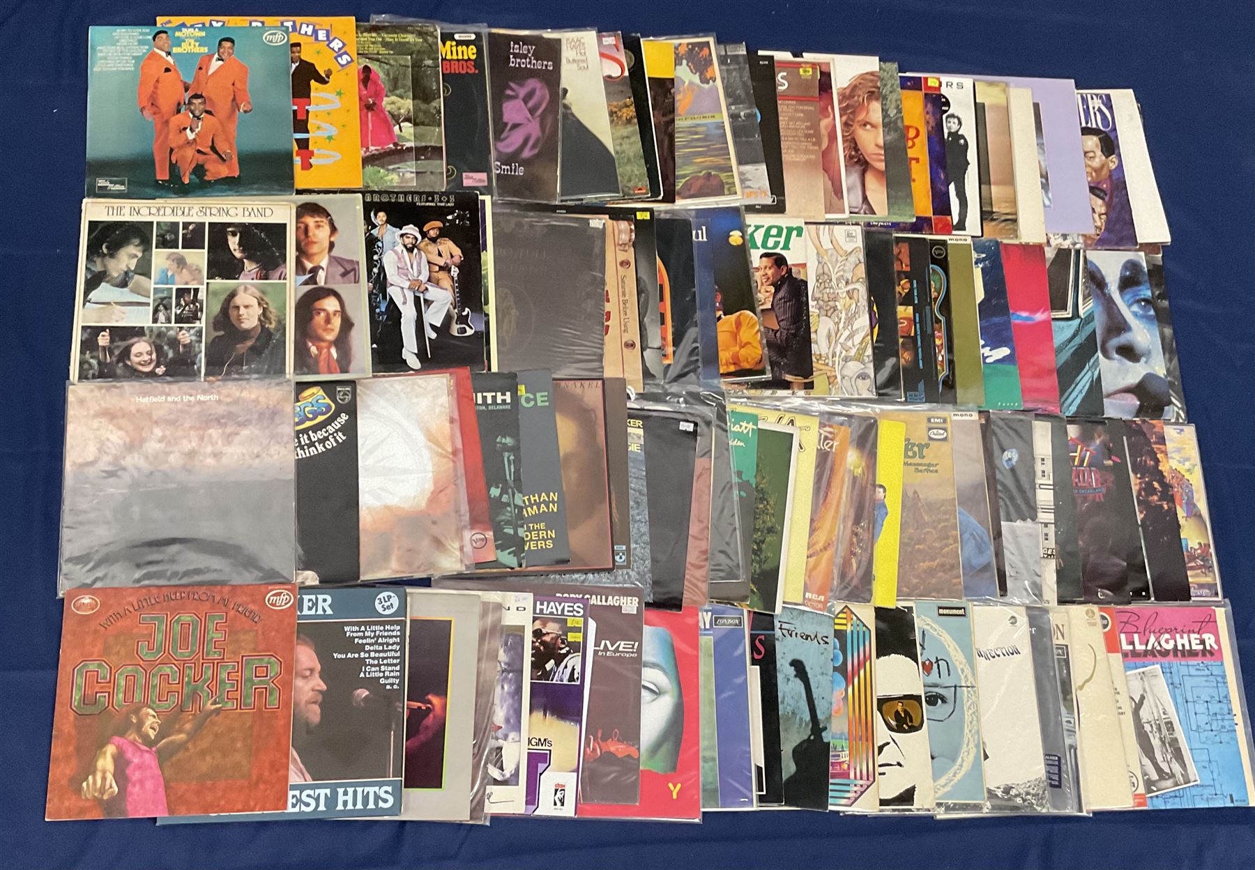 Quantity of vinyl records including Pat Travers 'Makin Magic', Poco 'Legend', Peter Gabriel 'Plays Live', Jethro Tull 'Living In The Past', Joe Cocker 'With A Little Help From My Friends' and other music, approximately 100, in one box
