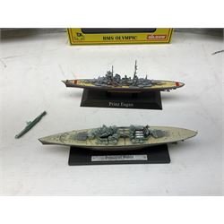 DeAgostini Atlas Editions - HMS Anson, HMS Exeter, HMS Renown, HMS Nelson, HMS Warspite, HMS Hood, Bismark, and USS Saratoga, all boxed; DeAgostini - Gneisenau, Blucher, and Prinz Eugen, packaged; together with ten further DeAgostini battleships, unboxed, and a Gilbow RMS Olympic model, boxed (qty)