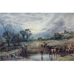 Myles Birket Foster RWS (British 1825-1899): 'Sunset with Cattle', watercolour signed with monogram 14cm x 21cm 
Provenance: private collection, purchased James Alder Fine Art, Hexham; with Christie's London 17th November 2010 Lot 149; exh. Sheffield Art Gallery, partial label verso