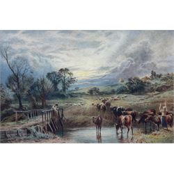  Myles Birket Foster RWS (British 1825-1899): 'Sunset with Cattle', watercolour signed with monogram 14cm x 21cm 
Provenance: private collection, purchased James Alder Fine Art, Hexham; with Christie's London 17th November 2010 Lot 149; exh. Sheffield Art Gallery, partial label verso