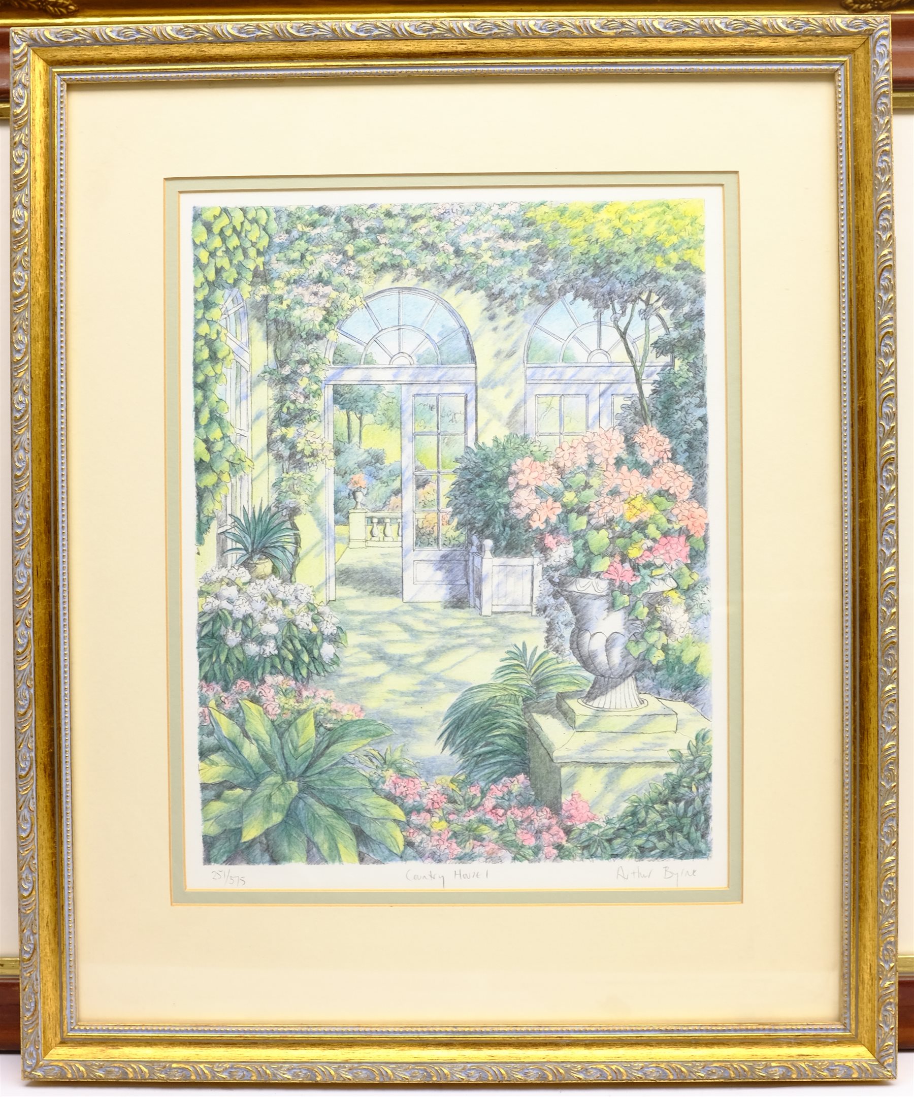 David Smithurst (British 1942-2001): Pastoral Landscape, limited edition colour print signed and numbered 185/300 in pencil 34cm x 44cm; Arthur Byrne: 'Country House 1', limited edition colour print signed titled and numbered 251/375 in pencil 37cm x 28cm and a Coaching print (3)