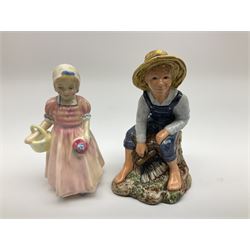 Group of figures, comprising six Royal Doulton examples, Daydreams HN1731, Silks and Ribbons HN2017, Tom Sawyer HN2926, Marie HN1370, Bo-Peep HN1811, and Tinkle Bell HN1677, together with a Dresden type 'lace' example, and a Coalport 'Swiss Cottage', (8)